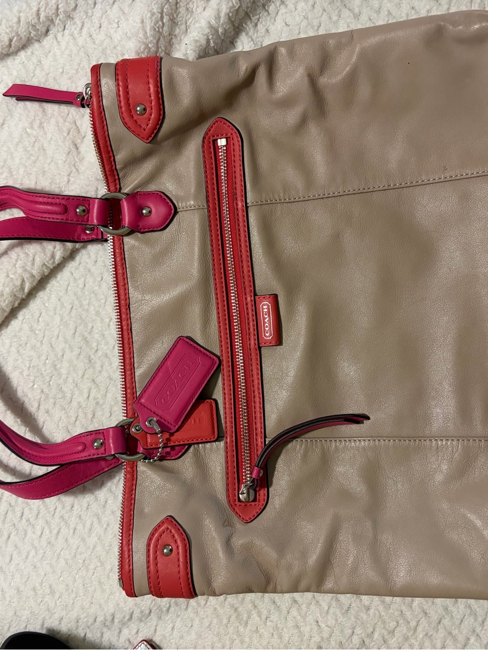 Coach Taupe Leather Tote with Pink and Red Trim